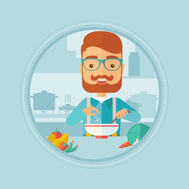 Salata vektör çizim içinde tuz koyarak adam.