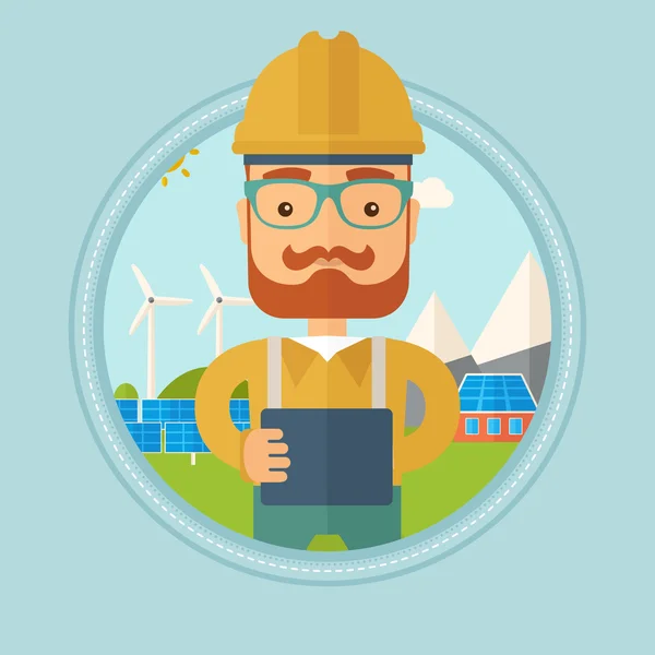 Hombre trabajador de planta de energía solar . — Vector de stock