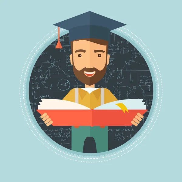 Graduado con libro en manos ilustración vectorial . — Vector de stock