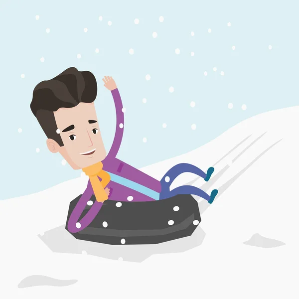 Man sledding on snow rubber tube in the mountains. — Stock Vector
