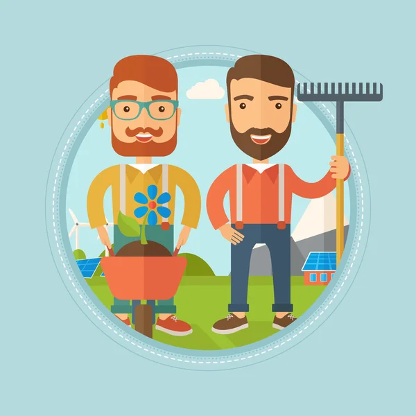 Two men are going to plant flower. — Stock Vector