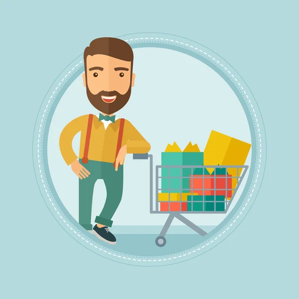 Customer with shopping trolley full of gift boxes. — Stock Vector