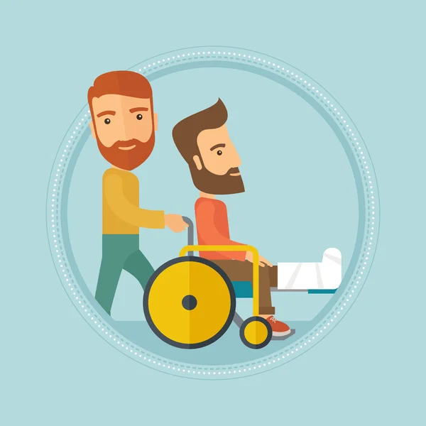 Mann schiebt Rollstuhl mit Patient. — Stockvektor