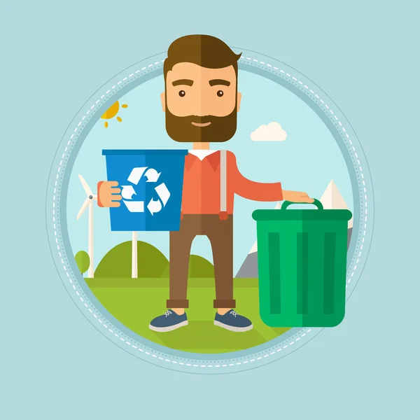 Man met recycle bin en trash can. — Stockvector