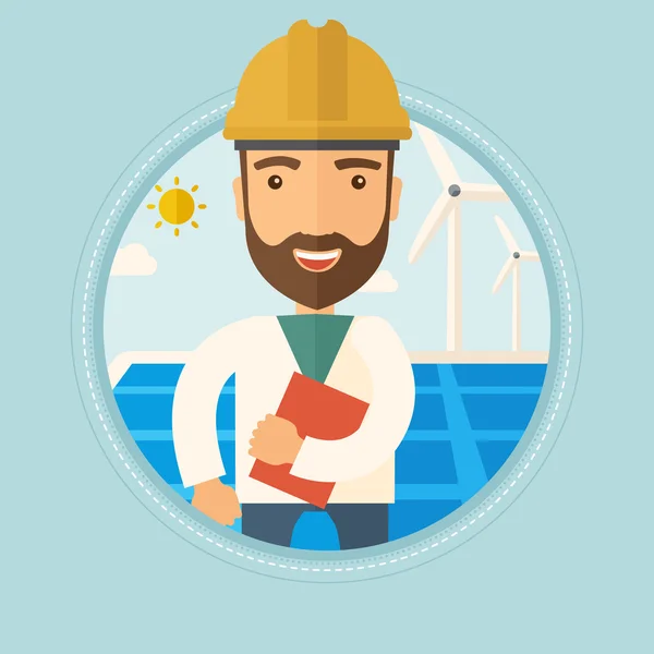 Travailleur masculin de la centrale solaire et du parc éolien . — Image vectorielle