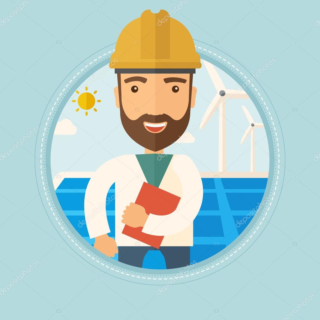 Male worker of solar power plant and wind farm.