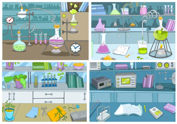 Cartoon set of backgrounds - chemical laboratory. — Stock Vector