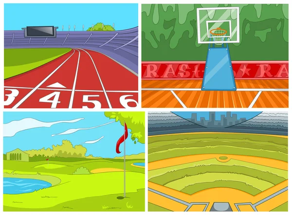 Cartoon set of sport infrastructure backgrounds. — Stock vektor
