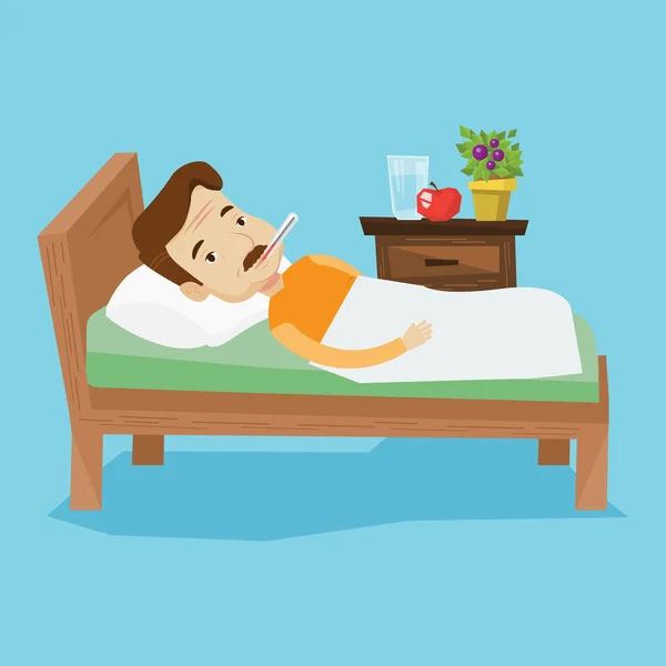 Sick man with thermometer laying in bed. — Stock Vector