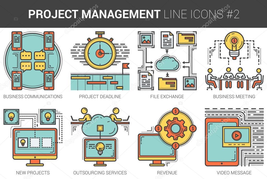 Project management line icon set.