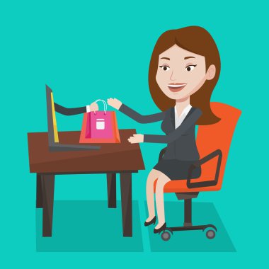 Kadın alışveriş online vektör çizim.