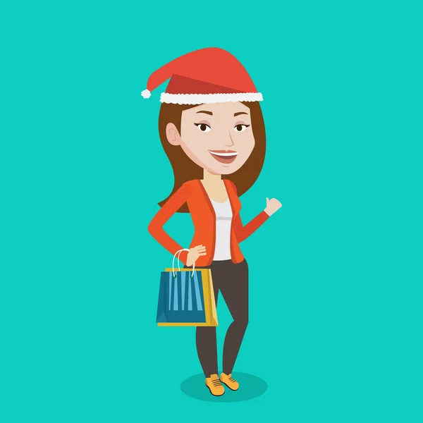 Жінка в капелюсі Санта покупки на різдвяні подарунки . — стоковий вектор