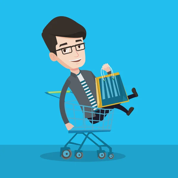 Happy man riding by shopping trolley. — Stock Vector