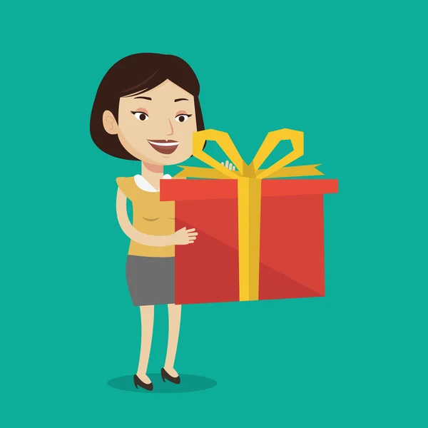 Χαρούμενη καυκάσιος γυναίκα κρατώντας κουτί με δώρο. — Διανυσματικό Αρχείο