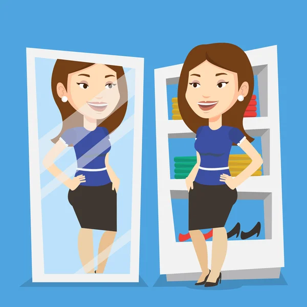 Woman trying on clothes in dressing room. — Stock Vector
