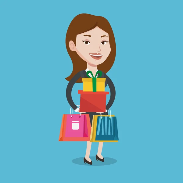 Mulher feliz segurando sacos de compras e caixas de presente . —  Vetores de Stock