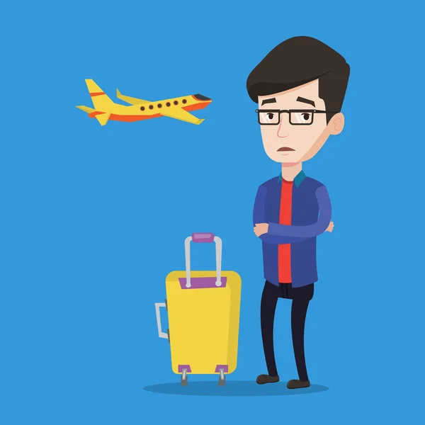 Young man suffering from fear of flying. — Stock Vector