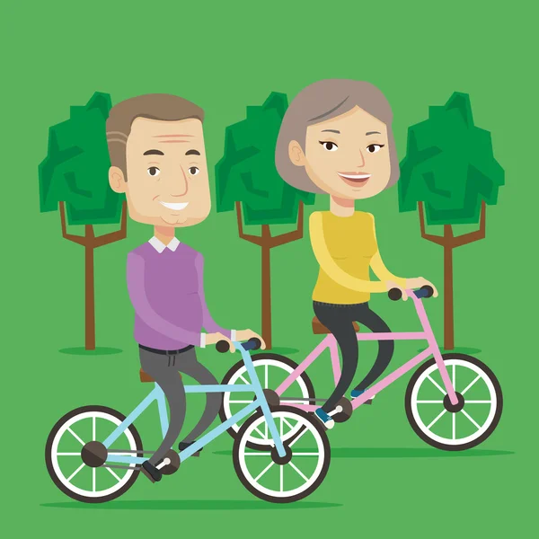 Feliz pareja de ancianos montando en bicicletas en el parque — Vector de stock