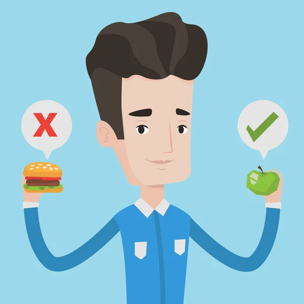 Man choosing between hamburger and cupcake. — Stock Vector