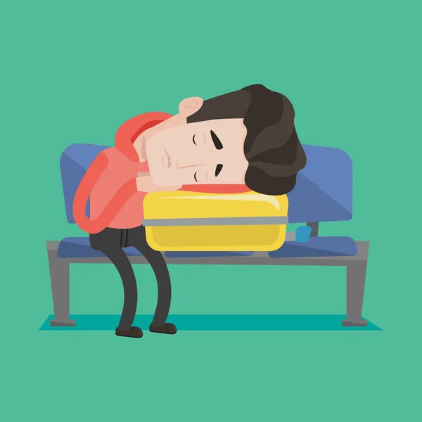 Uitgeput man slapen op koffer op luchthaven. — Stockvector