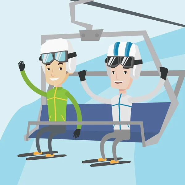 Zwei glückliche Skifahrer nutzen Seilbahn im Skigebiet. — Stockvektor