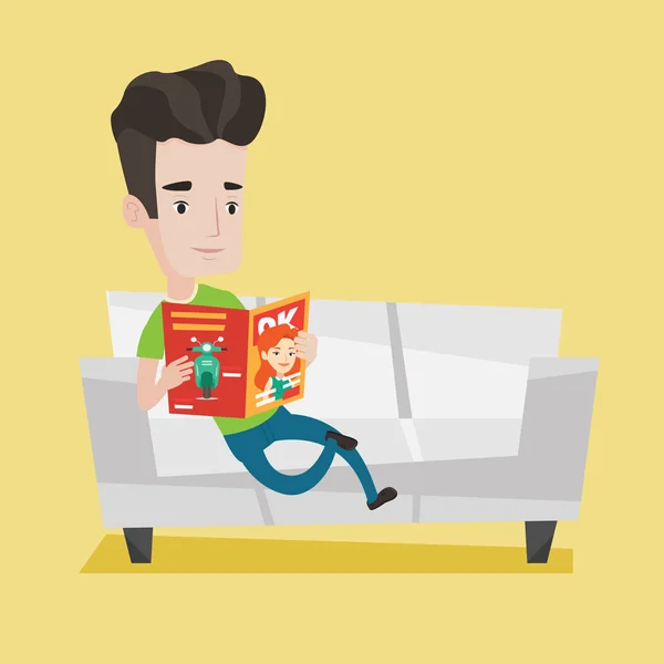 Hombre lectura revista en sofá vector ilustración . — Vector de stock