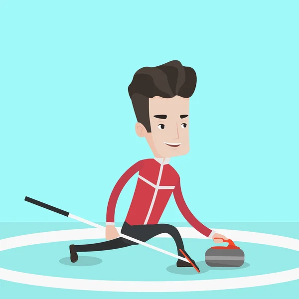 Jugador de curling jugando curling en pista de curling . — Vector de stock