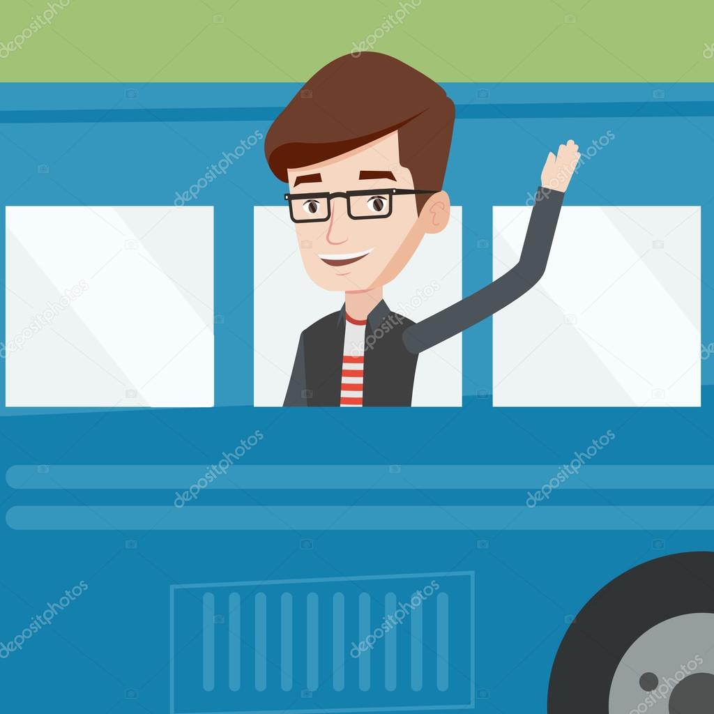 Man waving hand from bus window.