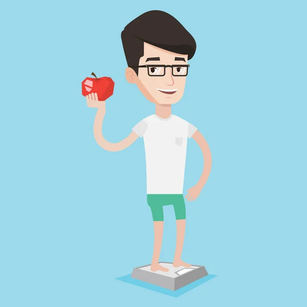 Ο άνθρωπος στέκεται σε κλίμακα και κρατώντας στο χέρι το μήλο. — Διανυσματικό Αρχείο