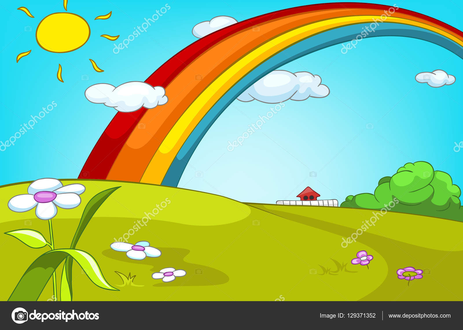 Cartoon background of summer glade with rainbow. Stock Photo by  ©VisualGeneration 129371352