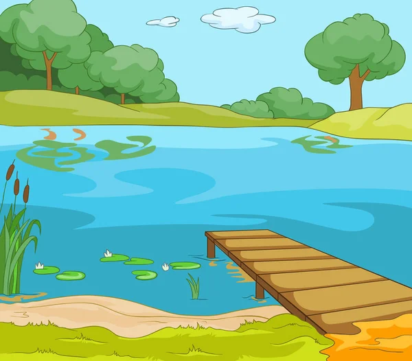 Cartoon background of forest lake with pier. — Stock Photo, Image