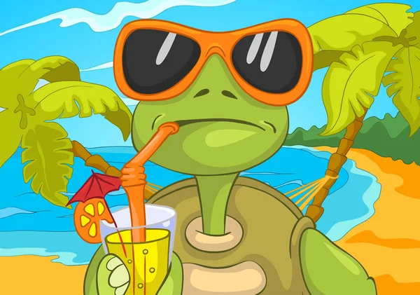 Cartoon of turtle drinking cocktail on the beach.