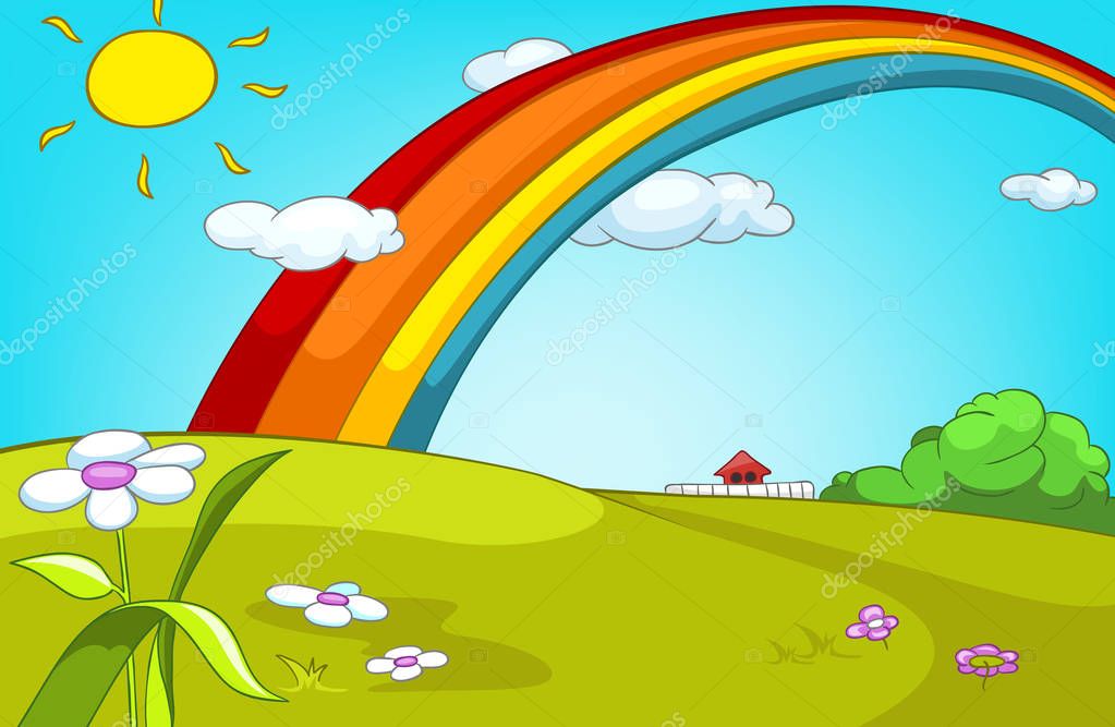 Cartoon background of summer glade with rainbow. Stock Photo by  ©VisualGeneration 129371352