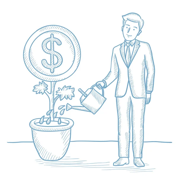 Businessman watering money flower. — Stock Vector