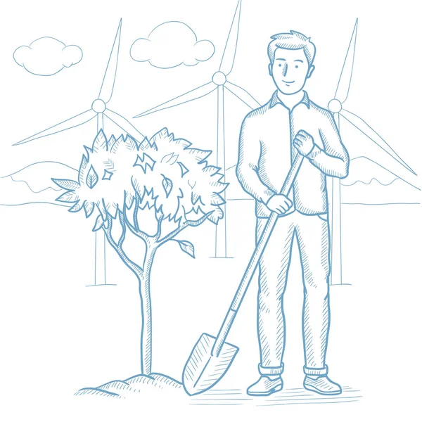 Homem planta árvore vetor esboço ilustração . — Vetor de Stock