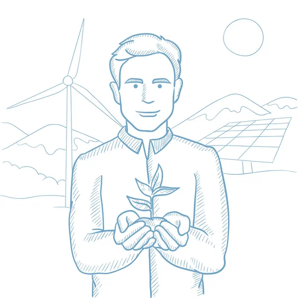 Hombre sosteniendo planta vector boceto ilustración . — Vector de stock