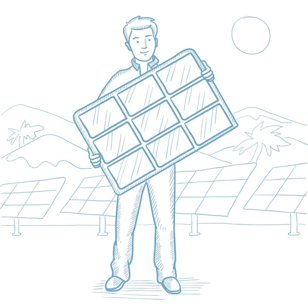 Hombre sosteniendo ilustración vector panel solar bosquejo — Vector de stock