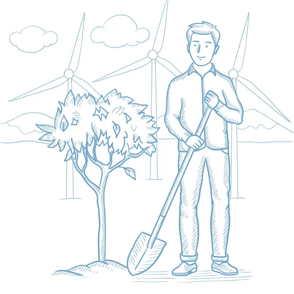 Man plants tree vector sketch illustration. Vector Graphics