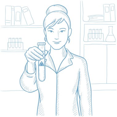 Bilim adamı holding tüp biyolojik tehlike işareti ile.