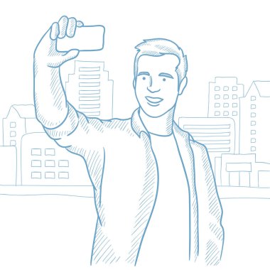 Adam selfie vektör kroki çizim yapma.