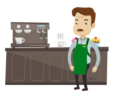 Barista ayakta yakınındaki kahve makinesi.