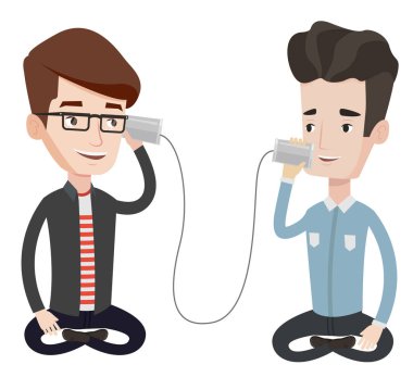 Teneke telefon aracılığıyla konuşan genç arkadaşlar.