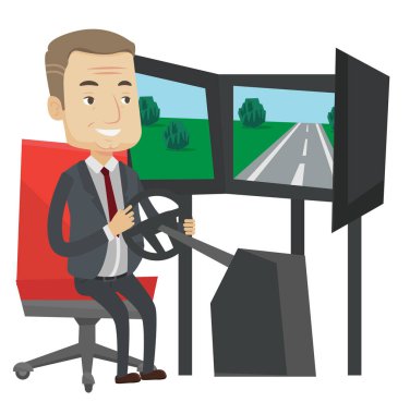 Adam oyun tekerleği ile bilgisayar oyunu oynamak.