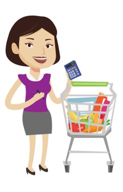 Kadın Müşteri Hesap makinesinde sayma.