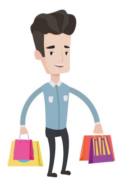 Mutlu adam alışveriş torbaları vektör çizim ile.