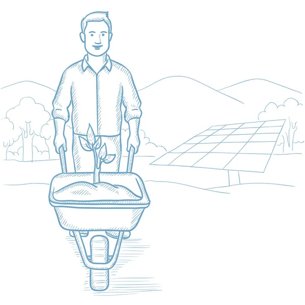 Travailleur de la centrale solaire avec germe dans le chariot . — Image vectorielle