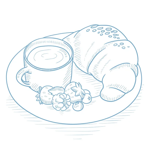 Desayuno con café, croissant y bayas . — Vector de stock