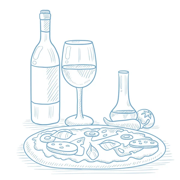Kolacja z winem i pizzą. — Wektor stockowy