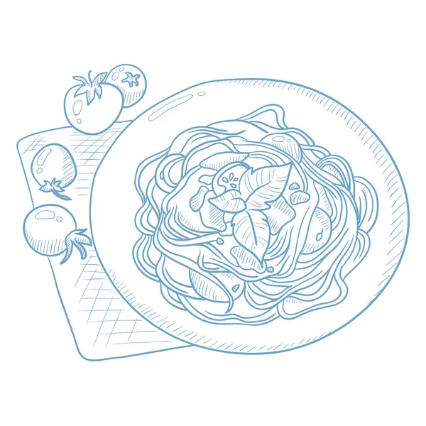 Спагетти с базиликом на тарелке . — стоковый вектор