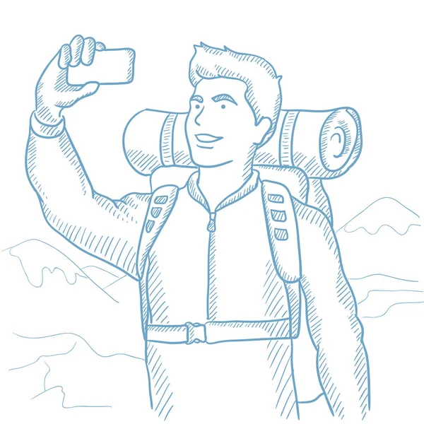 Hombre con mochila haciendo selfie . — Vector de stock